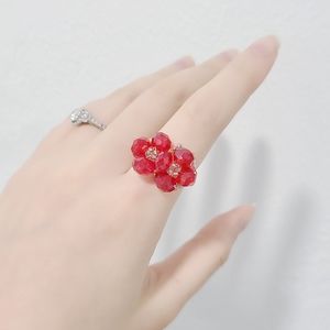 Red silver beaded flower ring